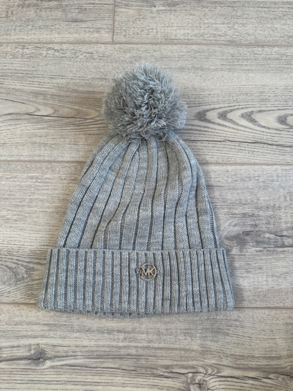 Michael Kors Gray Ribbed Pom Knit Beanie
